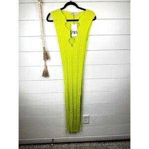 NWT Zara Vestido Punto Cutout Midi Dress Neon Green Med